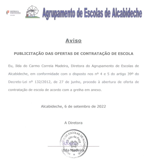 Publicitação das Ofertas de Contratação de Escola Horário 10